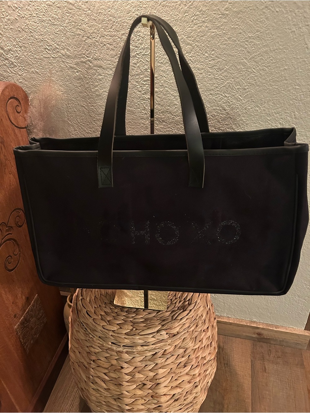 Santa Barbara Design Studio Black Canvas Tote Bag Ho Ho Xo Leather Handles